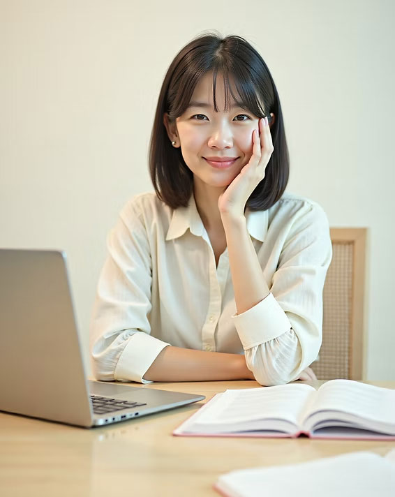 Student learning Japanese online with a laptop and open book